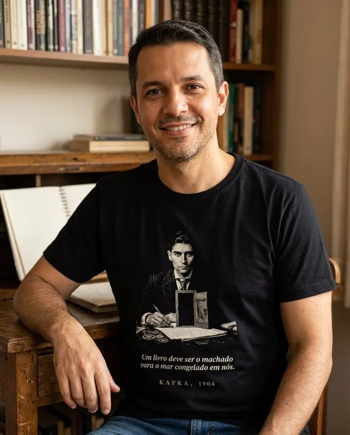 Homem vestindo a camiseta escura com a arte Kafka · o machado